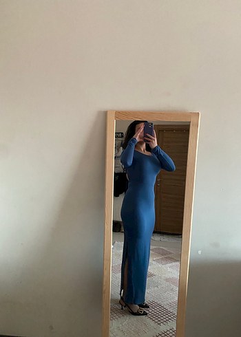 Uzun Kollu Lacivert Denim Midi Elbise - Görsel 2