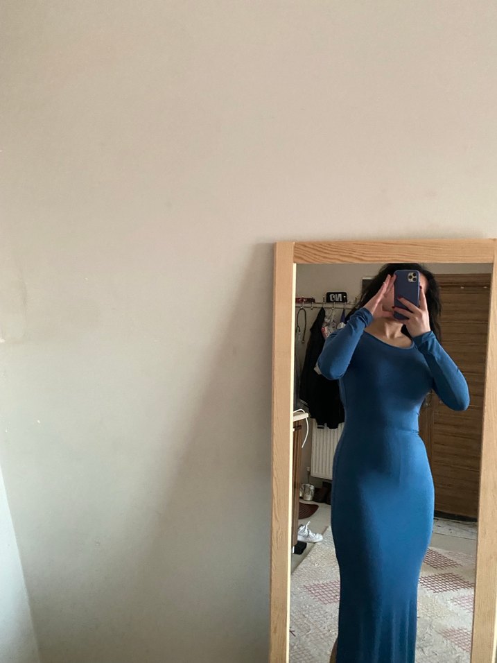 Uzun Kollu Lacivert Denim Midi Elbise - Görsel 3