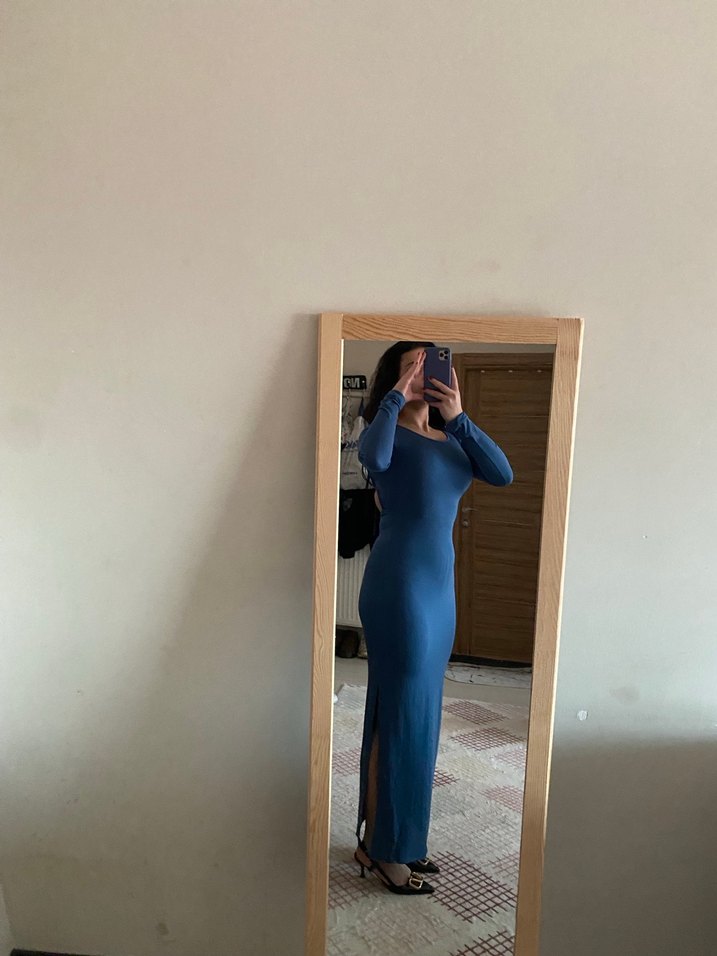 Uzun Kollu Lacivert Denim Midi Elbise - Görsel 2