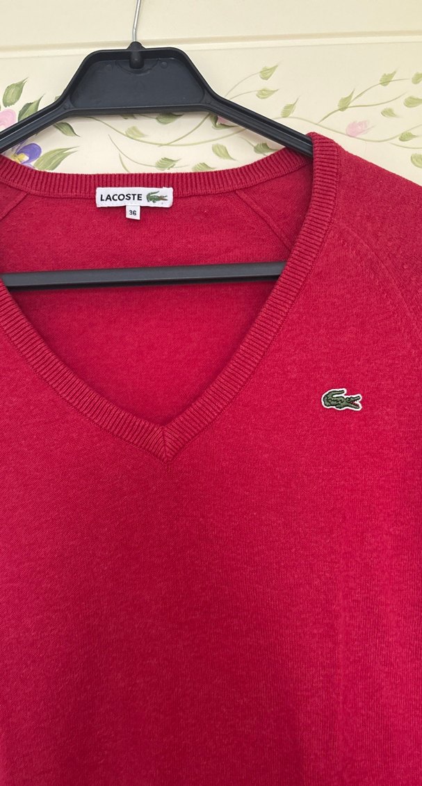 Kirmizi V Yakalı Kadın Triko lacoste - Görsel 2