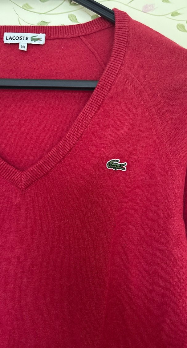 Kirmizi V Yakalı Kadın Triko lacoste - Görsel 4