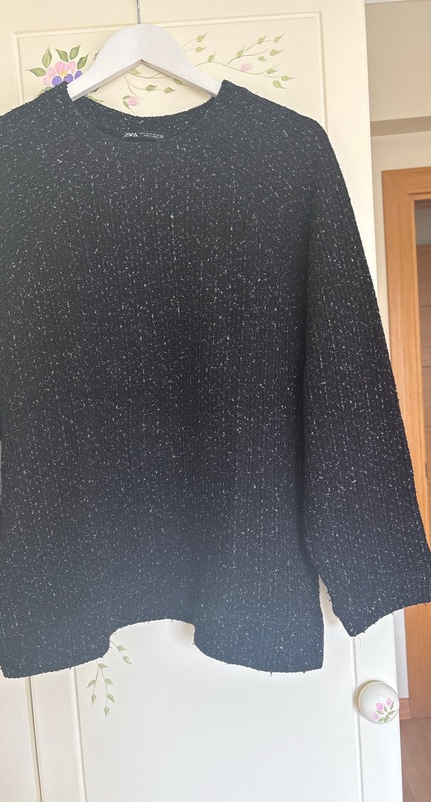 Siyah Örgü simli Kadın Kazak - Görsel 4