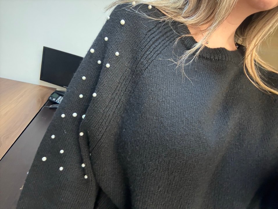 İnci Detaylı Siyah Triko Kadın Kazak - Görsel 4