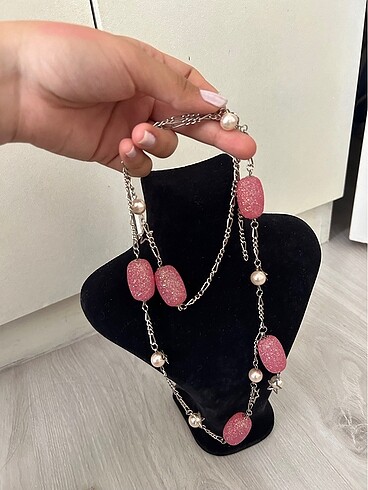 Taşlı zincirli pembe, özel tasarım kolye