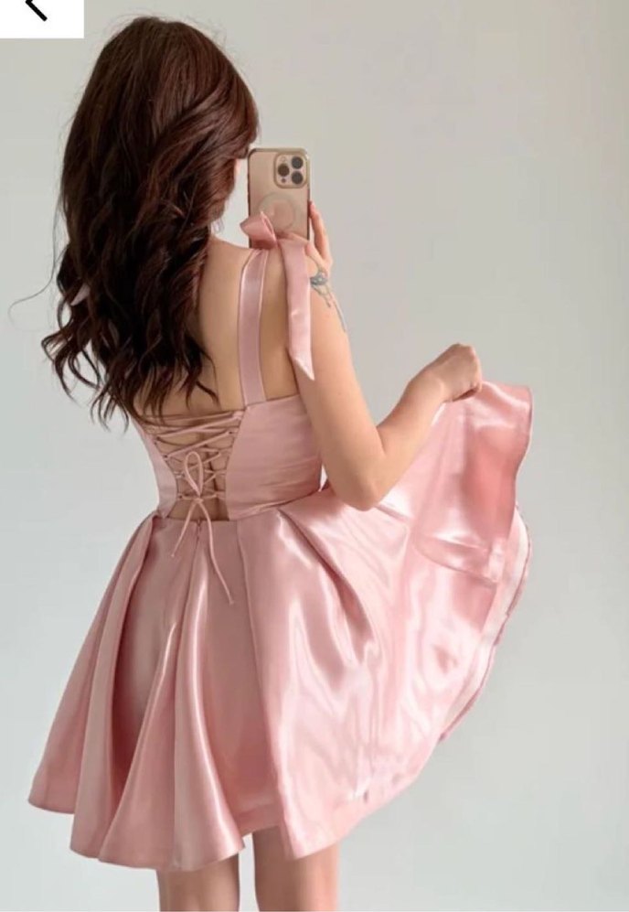 Pudra Pembesi Mini Saten Kadın Elbise - Görsel 2