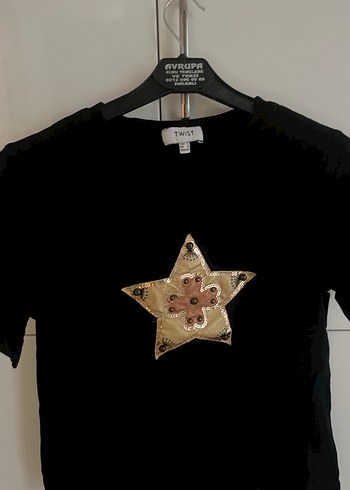 m Beden altın Renk Siyah Deri T-shirt, Pullu Altın Yıldız Desenli