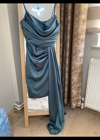 su yeşili Drapeli Uzun Straplez Abiye Elbise - Görsel 2