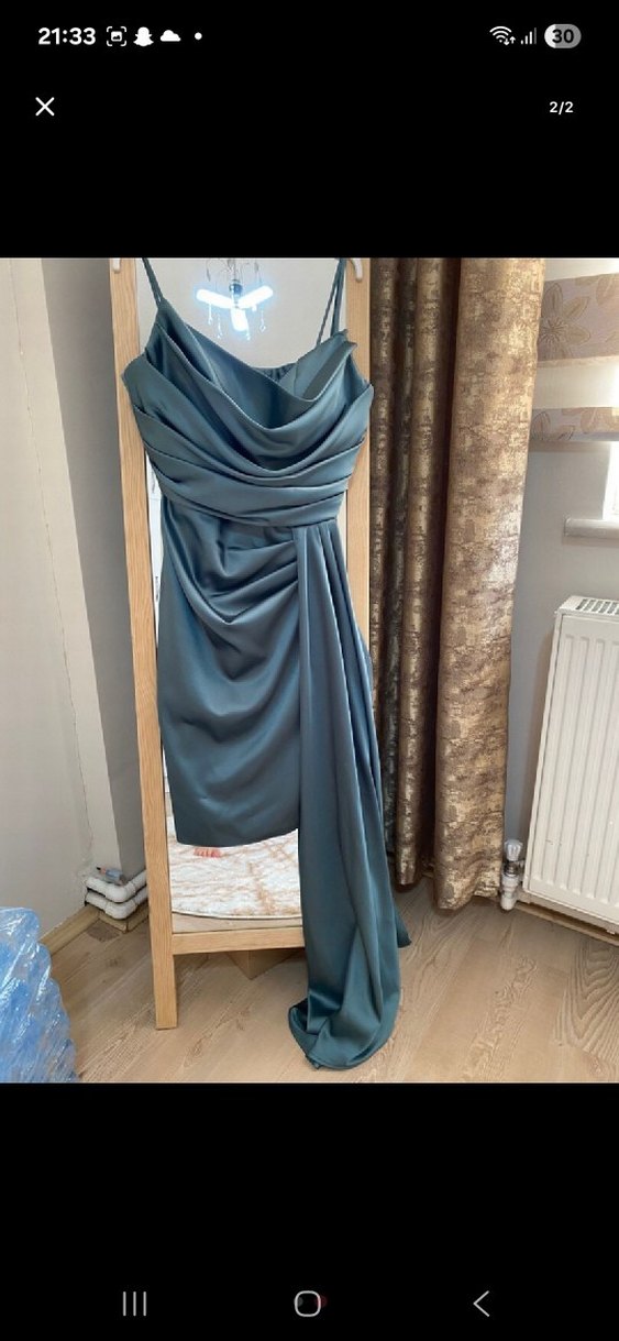 su yeşili Drapeli Uzun Straplez Abiye Elbise - Görsel 2