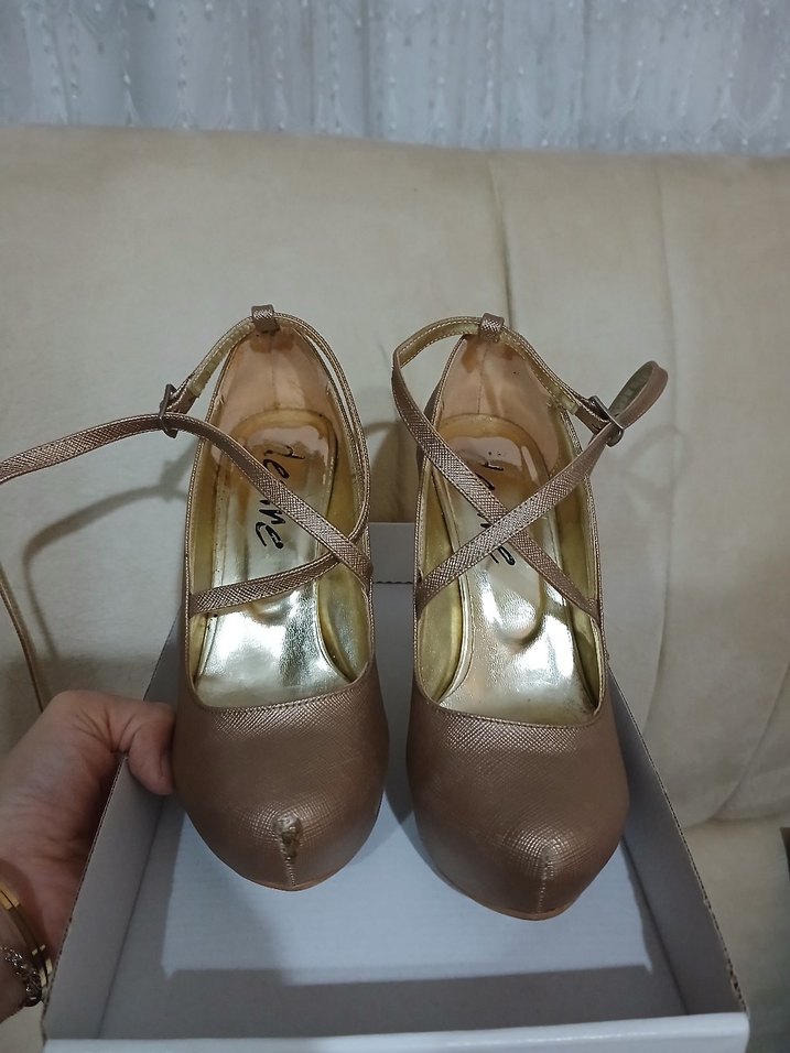 Bej Yüksek Topuklu Kemerli Abiye Ayakkabı - Görsel 3