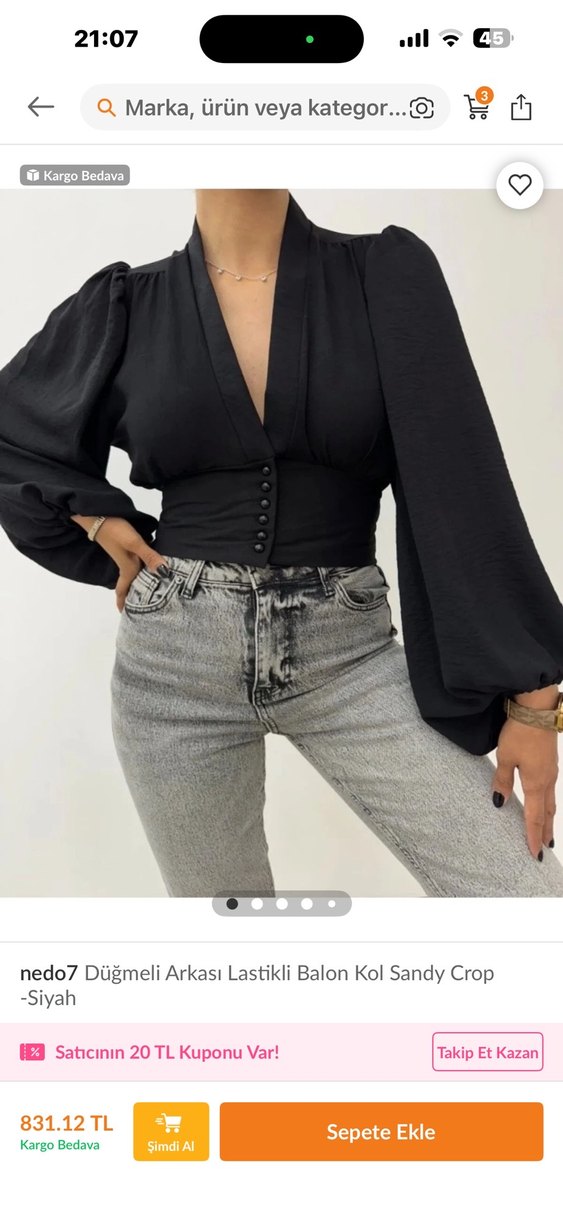 Siyah Düğmeli V Yaka Uzun Kollu Bluz - Görsel 2