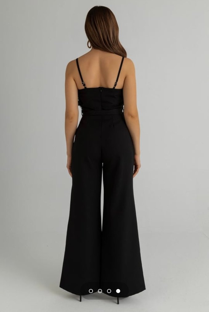 Tüy  Detaylı Siyah kemerli tulum - Görsel 2