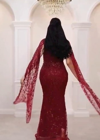 Bordo V Yaka Drapeli Uzun Abiye Elbise - Görsel 2