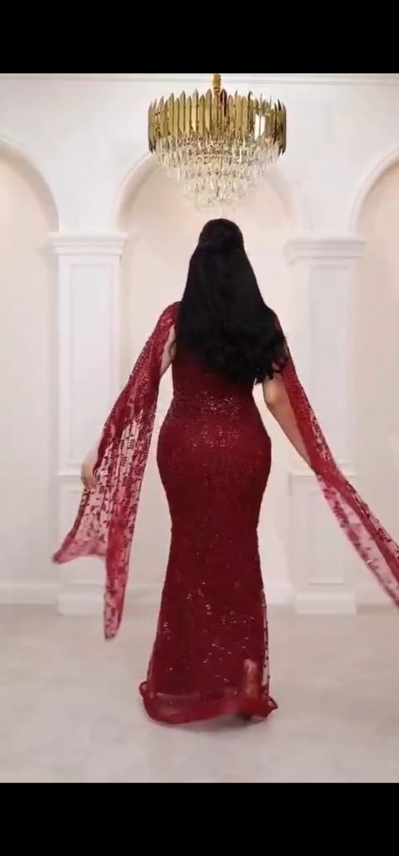 Bordo V Yaka Drapeli Uzun Abiye Elbise - Görsel 2