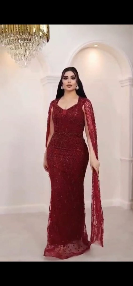 Bordo V Yaka Drapeli Uzun Abiye Elbise - Görsel 3