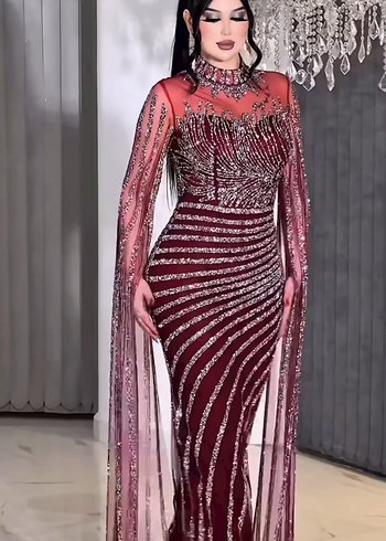 Bordo Parlak Uzun Abiye Elbise - Görsel 2