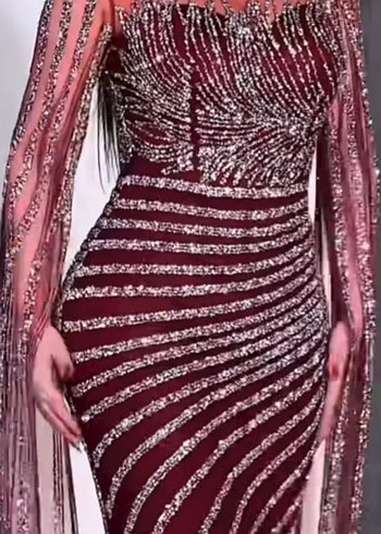 Bordo Parlak Uzun Abiye Elbise - Görsel 3