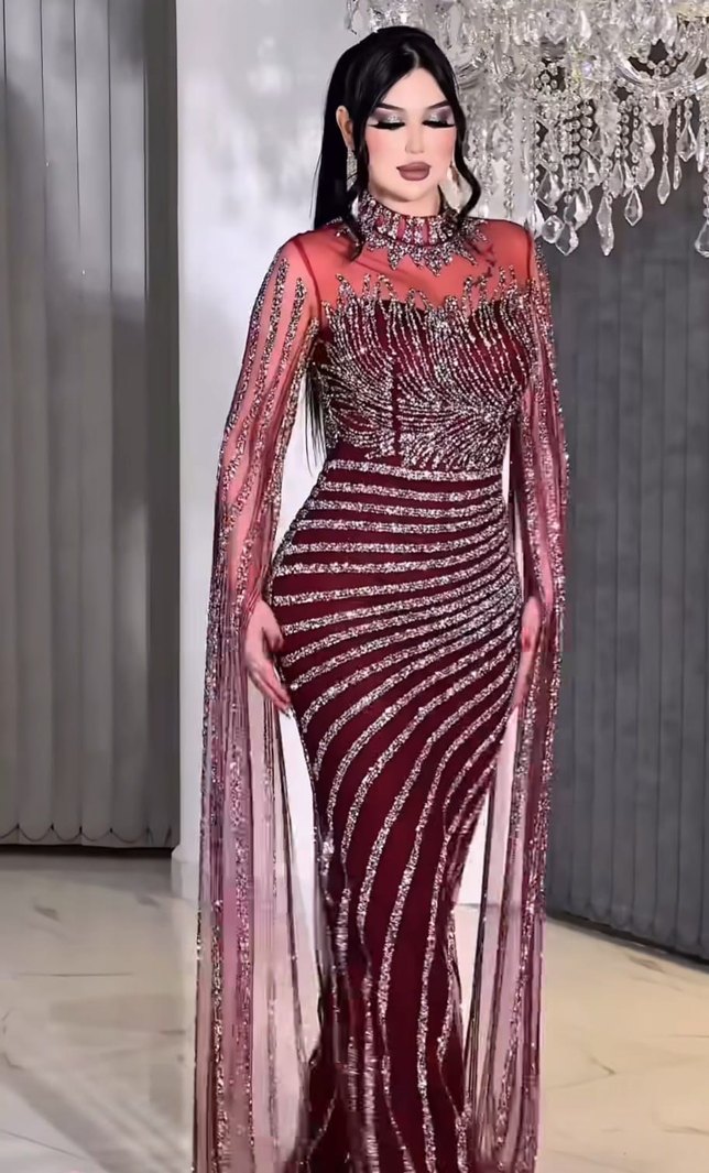 Bordo Parlak Uzun Abiye Elbise - Görsel 2