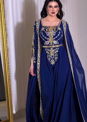 Mavi İşlemeli Uzun Abiye Elbise - Görsel 4