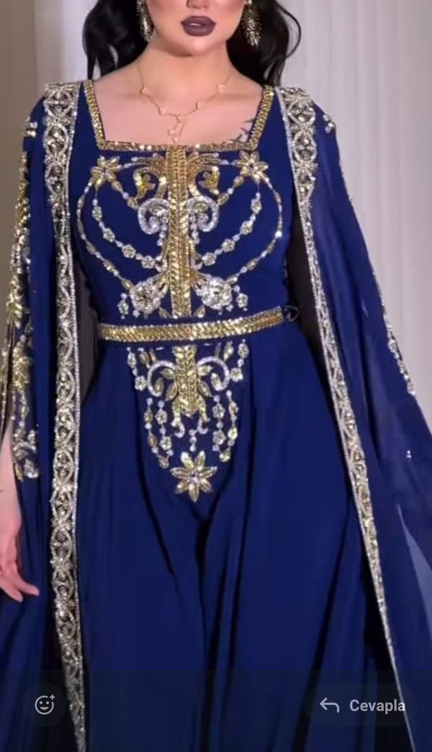 Mavi İşlemeli Uzun Abiye Elbise - Görsel 3