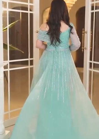 Turkuaz Drape İşlemeli Uzun Abiye Elbise - Görsel 4