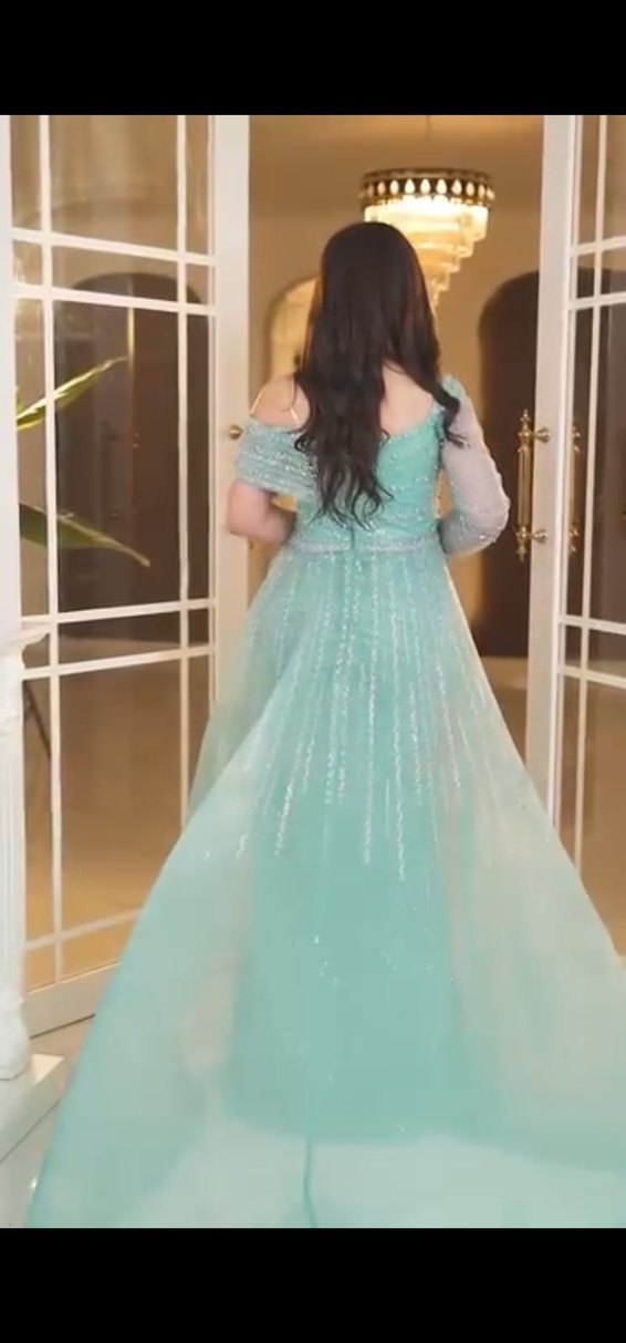 Turkuaz Drape İşlemeli Uzun Abiye Elbise - Görsel 4