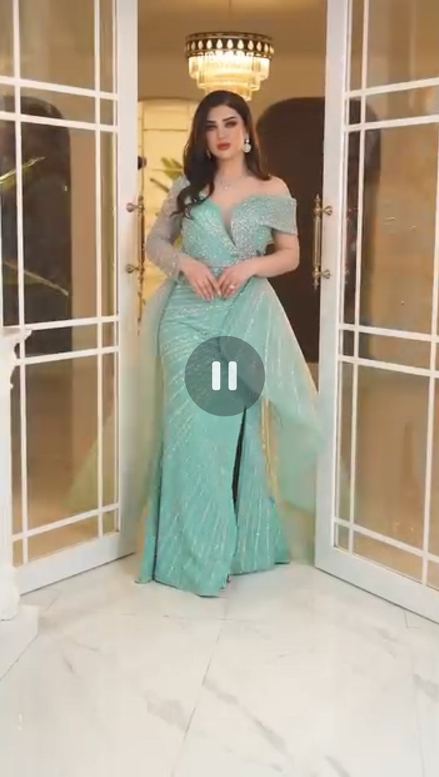 Turkuaz Drape İşlemeli Uzun Abiye Elbise - Görsel 3