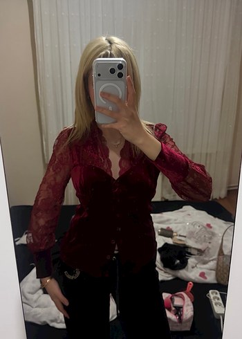 Bordo Düğmeli Gotik Kadife Bluz - Görsel 8