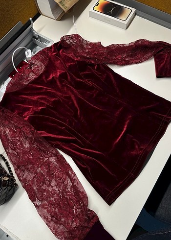 Bordo Düğmeli Gotik Kadife Bluz - Görsel 7