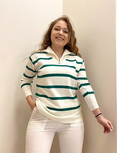 Çizgili fermuarlı sweat triko