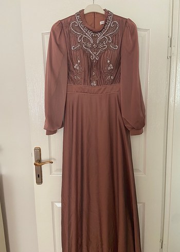Abiye Kahverengi Nakışlı Uzun Vintage Abiye