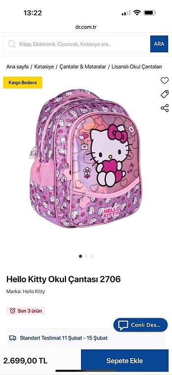 Hello kitty okul çantası