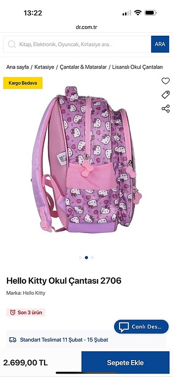  Hello kitty okul çantası