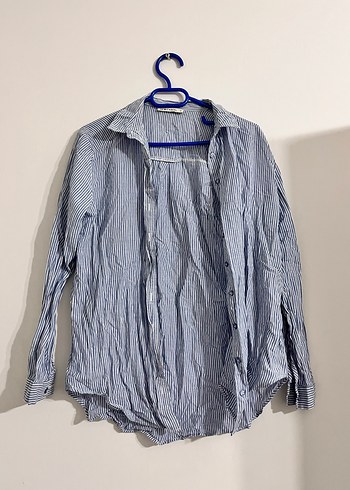 Mavi Çizgili Uzun Kollu Keten Gömlek - Görsel 2