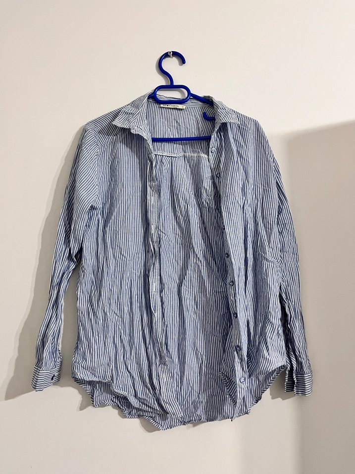 Mavi Çizgili Uzun Kollu Keten Gömlek - Görsel 2