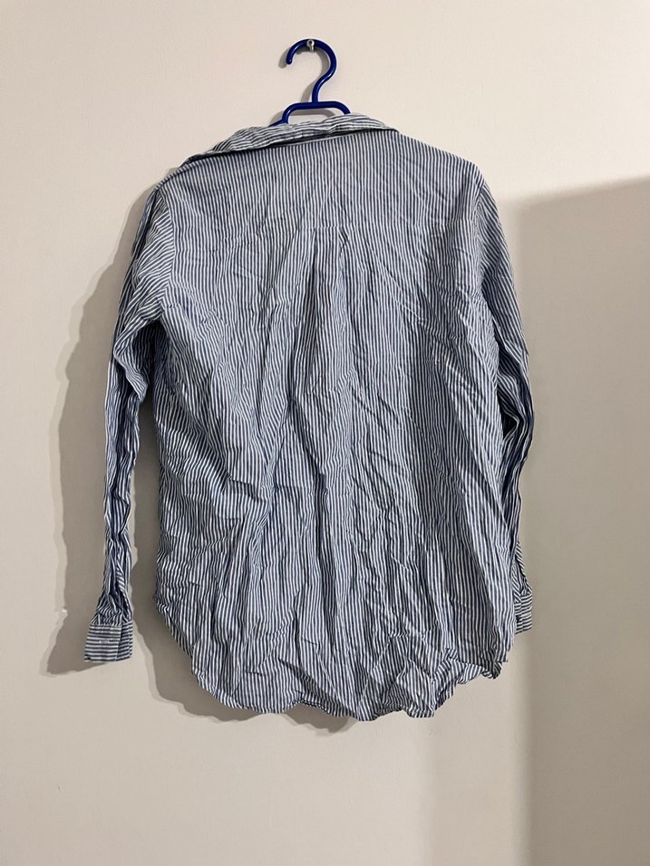 Mavi Çizgili Uzun Kollu Keten Gömlek - Görsel 4