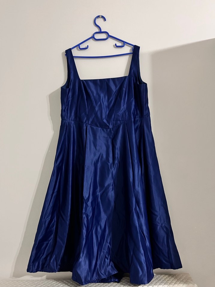 Parlak Lacivert Drapeli Midi Abiye Elbise - Görsel 3