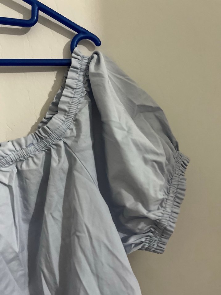 Mavi Keten Mini Bluz, Kayık Yaka, Kısa Kol - Görsel 3