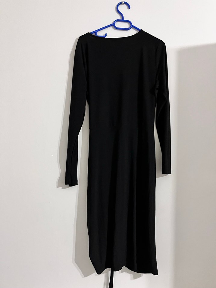 Uzun Kollu Siyah Drapeli Kadın Elbise - Görsel 4