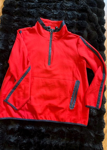 Kırmızı Deri Fermuarlı unisexs ince polar sweat - Görsel 6