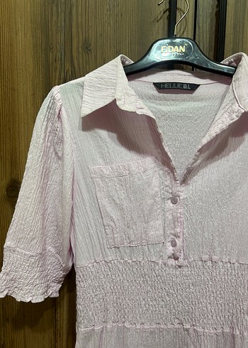 s Beden pembe Renk Pembe V Yaka Midi Düğmeli Pamuk Elbise