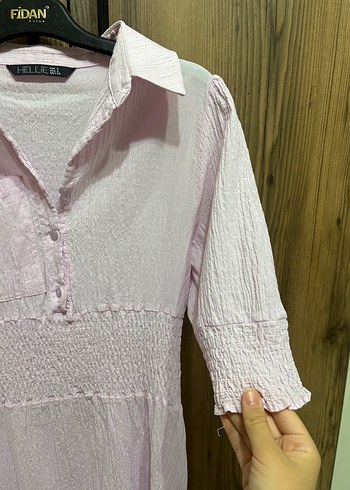 Pembe V Yaka Midi Düğmeli Pamuk Elbise - Görsel 4