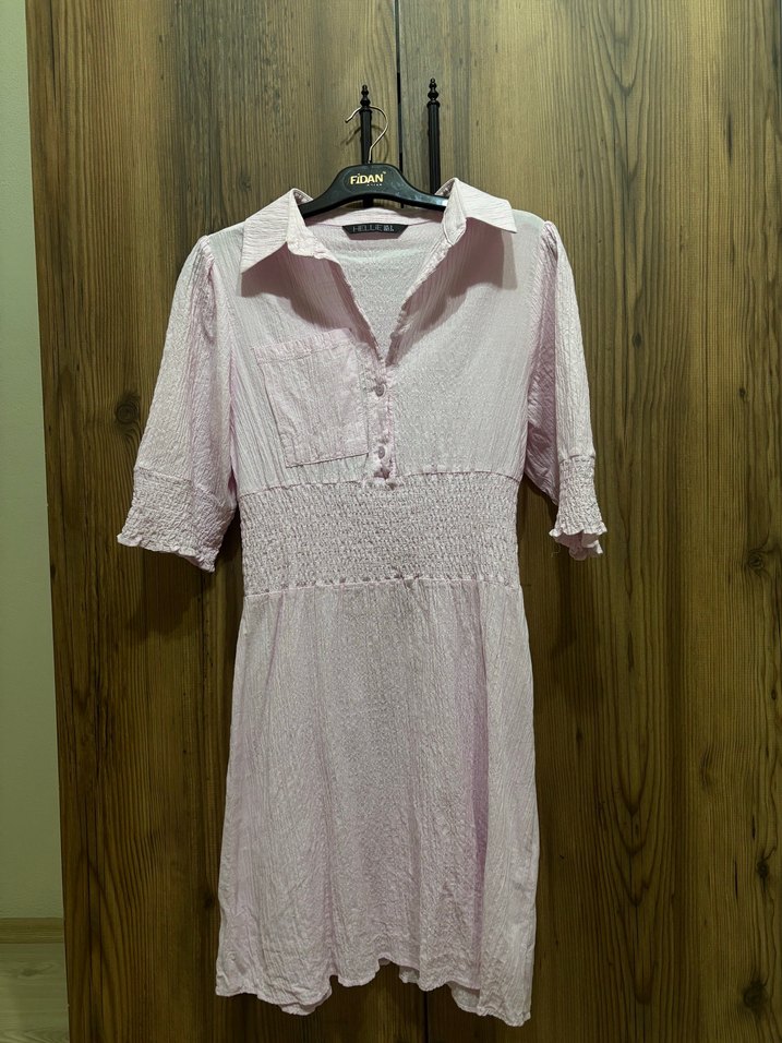 Pembe V Yaka Midi Düğmeli Pamuk Elbise - Görsel 2