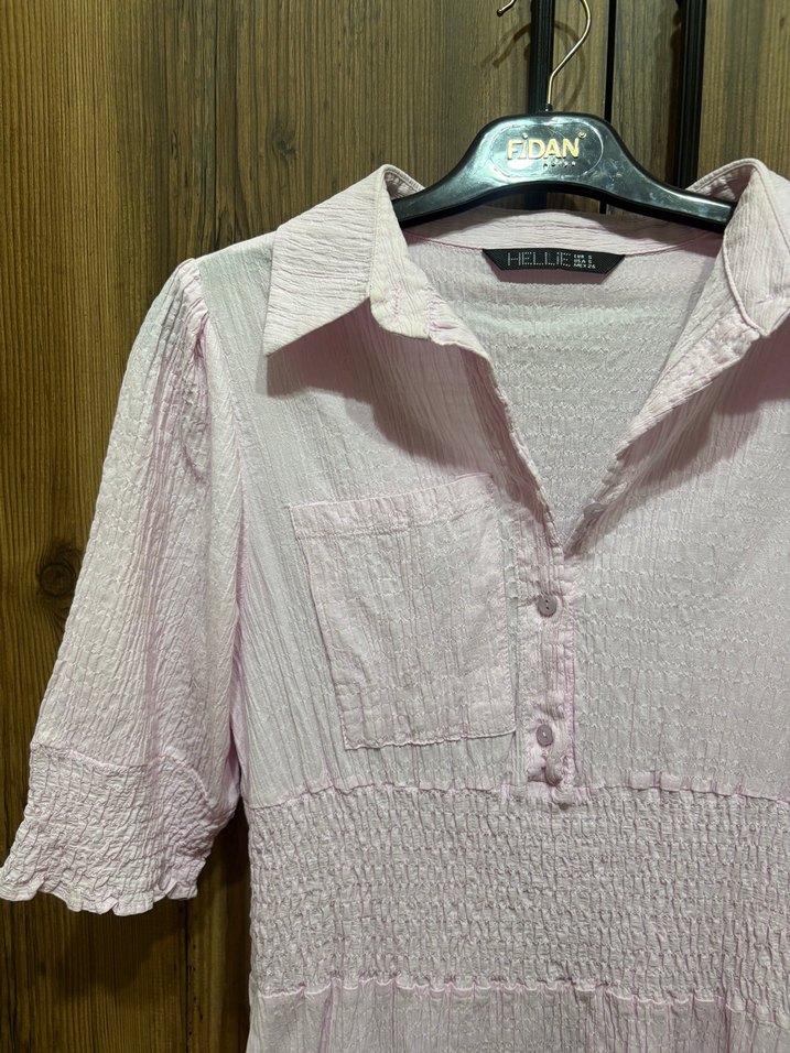 Pembe V Yaka Midi Düğmeli Pamuk Elbise - Görsel 5