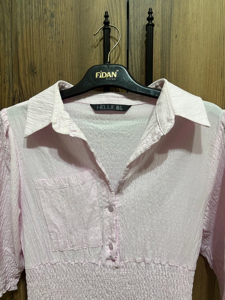 Pembe V Yaka Midi Düğmeli Pamuk Elbise - Görsel 3