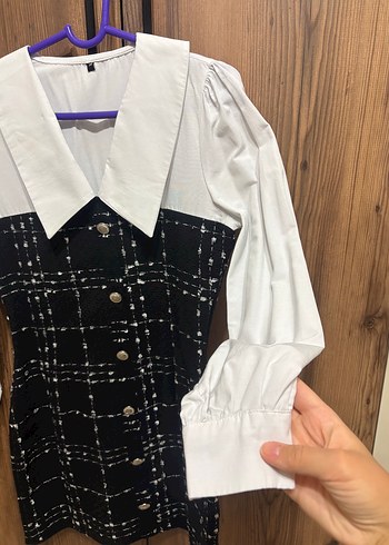 Düğmeli Siyah Kareli Midi Elbise - Görsel 5