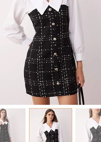 Düğmeli Siyah Kareli Midi Elbise - Görsel 2