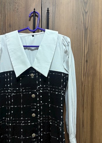 Düğmeli Siyah Kareli Midi Elbise - Görsel 4