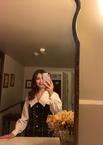 Düğmeli Siyah Kareli Midi Elbise - Görsel 7