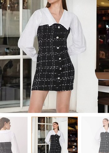 Düğmeli Siyah Kareli Midi Elbise - Görsel 3