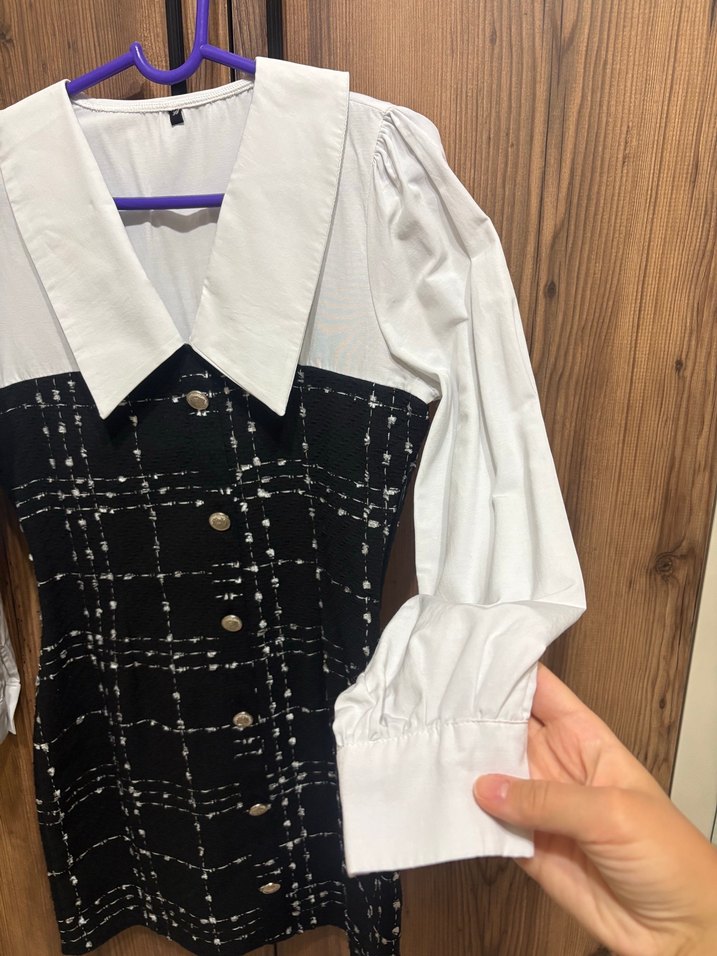 Düğmeli Siyah Kareli Midi Elbise - Görsel 5